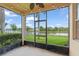 Relaxing screened patio with serene water views, string lights and mature palm trees at 1011 Wood Cv, Kissimmee, FL 34743