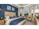 Stunning bedroom features blue accent wall, tray ceiling, and bay window with serene lake view at 858 Arbor Green Trl, St Cloud, FL 34771