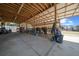 Wide angle view of the horse barn with concrete flooring, wooden roof and storage on left at 2198 W Highway 329, Citra, FL 32113