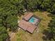 Aerial view of a single-story house with a screened pool, surrounded by lush greenery at 15235 Se 63Rd Ave, Summerfield, FL 34491