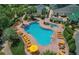 Outdoor community pool with ample lounge chairs, palm trees, and sun umbrellas at 17789 Se 113Th Ter, Summerfield, FL 34491