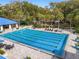 Aerial view of a large outdoor pool, tables, lounge chairs, and lush tropical landscaping at 10886 Sw 90Th Ter, Ocala, FL 34481