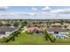 Aerial view of upscale homes with pools overlooking serene lake in a beautiful residential community at 31771 Red Tail Blvd, Sorrento, FL 32776