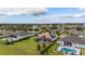 Aerial view of upscale homes with pools overlooking serene lake in a beautiful residential community at 31771 Red Tail Blvd, Sorrento, FL 32776