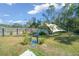 Backyard view with fence, green grass, landscaping, shade sail, and above-ground pool at 17006 Sw 39Th Cir, Ocala, FL 34473