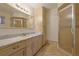 Bathroom featuring granite counters, a spacious vanity, and glass enclosed shower at 10185 Se 175Th Ln, Summerfield, FL 34491