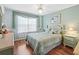 Guest bedroom with light green bedding and wood flooring at 9203 Se 179Th Lunsford Ln, The Villages, FL 32162