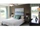 Main bedroom with dark-colored accent wall and large windows at 8410 Gower Trl, Wildwood, FL 34785