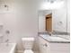 Clean bathroom, featuring a shower/tub combo, granite countertop, and a new toilet at 111 Fisher Trace Dr, Ocklawaha, FL 32179