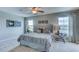 Main bedroom with gray upholstered bed and lake view at 8687 Sw 44Th Ter, Ocala, FL 34476