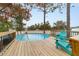 Relaxing teal adirondack chairs on wooden pool deck at 4933 Sw 109Th Loop, Ocala, FL 34476