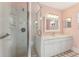 Bathroom with shower, vanity, and pink walls at 14146 Sw 112Th Cir, Dunnellon, FL 34432