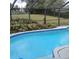 Screened in pool with beautiful blue tiling and landscaped retaining wall at 19950 Ibis Ct, Dunnellon, FL 34432