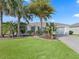 Landscaped front yard with palm trees and a stone retaining wall at 3710 Fir St, The Villages, FL 32163