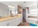 Bathroom features a double vanity, shower, and a soaking tub at 15391 Se 90Th Ct, Summerfield, FL 34491