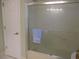Bathroom shower enclosure has sliding glass doors, a towel rack, and decorative glass feature at 13779 Sw 115Th Cir, Dunnellon, FL 34432