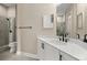 Modern bathroom featuring white cabinets, a vessel sink, black fixtures and walk-in shower at 6174 Spinnaker Loop, Lady Lake, FL 32159