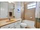 Neutral bathroom featuring a bathtub-shower combo, a single sink vanity and neutral tile backsplash at 8751 Sw 57Th Court Rd, Ocala, FL 34476