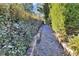 Narrow gravel path framed by lush greenery and small brick border at 10958 Sw 86Th Ct, Ocala, FL 34481