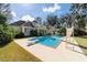 Backyard pool with diving board, slide, and spacious patio surrounded by lush landscaping at 2775 Sw 53Rd St, Ocala, FL 34471