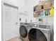 Modern laundry room with new washer and dryer, storage shelves, and door at 9910 Sw 189Th Cir, Dunnellon, FL 34432