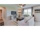 Inviting living room featuring neutral paint, tile floors, a comfortable white sofa and a view to the outside at 8514 Las Palmas Way, Wildwood, FL 34785