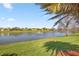 Scenic view of the lake, showcasing lush landscaping, a fountain, and surrounding neighborhood homes at 10138 Lake Miona Way, Oxford, FL 34484