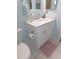 Bathroom showcasing a white vanity with ample storage, pink rug and modern finishes at 9652 Sw 84Th Ter # C, Ocala, FL 34481