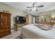 Carpeted main bedroom featuring wooden furniture, ceiling fan, and a television at 10821 Sw 87Th Ter, Ocala, FL 34481