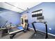 Home gym featuring blue walls, exercise bike, climbing wall, rowing machine, treadmill, and television at 4103 Se 10Th Ave, Ocala, FL 34480