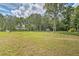 Large backyard features a shed, mature trees and lush green grass under a cloudy sky at 5902 Sw 112Th Place Rd, Ocala, FL 34476