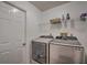 Laundry room features a modern washer and dryer, white walls, and a white door at 5902 Sw 112Th Place Rd, Ocala, FL 34476
