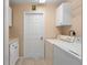 Functional laundry room with washer, dryer, storage cabinets, countertop and door to outside at 16320 Se 16Th Pl, Ocklawaha, FL 32179