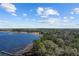 Aerial view of a lakefront property with a dock surrounded by lush trees at 17153 Se 79Th Street Rd, Ocklawaha, FL 32179