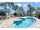 Inviting hot tub with a brick surround, perfect for relaxation in a tropical, palm-tree-lined setting at 8843 Sw 57Th Place Rd, Ocala, FL 34481