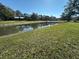 View of a tranquil pond on the property, reflecting the blue sky and surrounding trees at 5926 Ne 62Nd Court Rd, Silver Springs, FL 34488