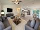 Spacious living room featuring modern gray sofas, a soft rug, and a seamless view into the bright kitchen area at 17710 Sw 48Th Sw Pl, Dunnellon, FL 34432