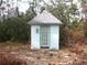 Quaint garden shed with a charming turquoise door and classic design, nestled in a serene and secluded backyard setting at 5181 Sw 164Th Street Rd, Ocala, FL 34473