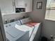 Efficient laundry room with modern washer and dryer, white cabinets and natural light at 1118 Pelion Pl, The Villages, FL 32162
