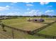 Aerial view of equestrian facility, featuring fenced paddocks, a barn, and a horse near the fence at 12424 Sw 140Th Loop, Dunnellon, FL 34432