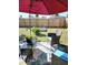 Backyard patio with chairs, table, umbrella, and a wheelbarrow along a fence at 310 Oak Track Dr, Ocala, FL 34472