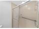 Bathroom shower with glass doors, tile surround, grab bar, and mosaic tile base at 3616 Ne 17Th Ln, Ocala, FL 34470