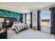 Stylish bedroom features shark-themed wallpaper, black-and-white bedding, and plenty of natural light at 4250 Sw 53Rd Lane Rd, Ocala, FL 34474