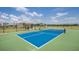 A vibrant blue and green pickleball court with a net, set against a backdrop of lush greenery and a clear blue sky at 9356 Sw 60Th Court Rd, Ocala, FL 34476