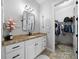 Bright bathroom with a granite countertop vanity, walk-in closet, and stylish decor at 11707 Se 101St Court Rd, Belleview, FL 34420