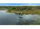 Aerial view of a lake with a dock, showcasing the tranquil setting amidst lush greenery and clear blue skies at 11707 Se 101St Court Rd, Belleview, FL 34420