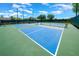 A detailed shot of a green and blue community pickleball court on a sunny day under a clear blue sky at 15092 Sw 14Th Avenue Rd, Ocala, FL 34473