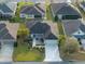 Birds eye view of a beautifully landscaped single Gathering home with a long driveway and green lawn at 3407 Melbourne Ln, The Villages, FL 32163