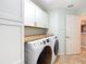 Clean laundry room with wooden countertop, white cabinets and modern machines at 5150 Se 47Th Court Rd, Ocala, FL 34480