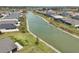 Aerial shot of neighborhood homes backing onto a waterway, showcasing community layout at 5766 Henry Loop, The Villages, FL 32163